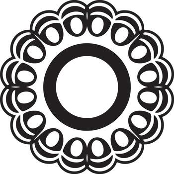 A black and white circular design with repeating scalloped shapes around a central ring element art vector