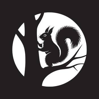 A stylized black and white image of a squirrel on a tree branch inside a circular frame design vector