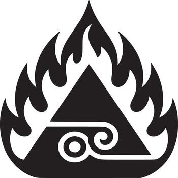 A black and white graphic with a triangle inside of a flame shape and a swirl design inside it too vector