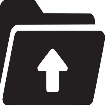 A black and white illustration of an open folder with an upward pointing arrow inside it icon vector