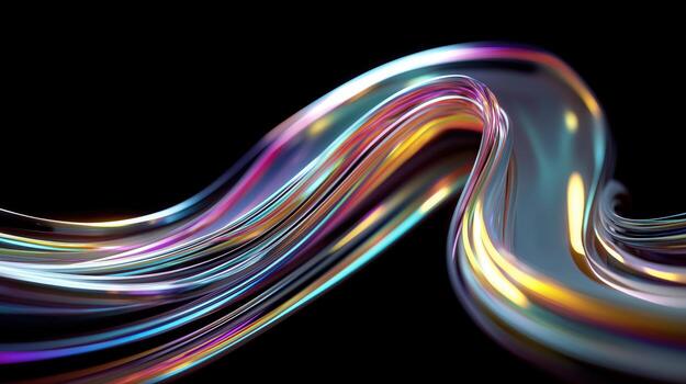 Abstract Flowing Ribbon with Colorful Light Reflections on Black. photo