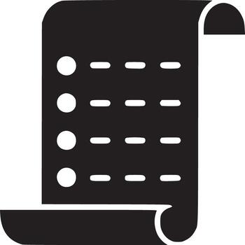 A black and white icon of a list with bullet points and lines on a white background simple design vector