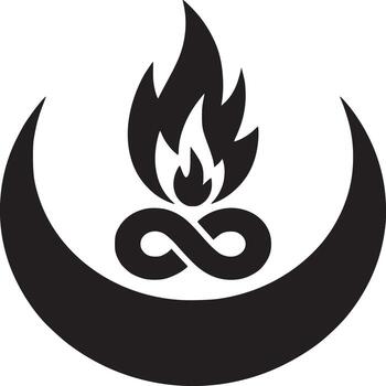A graphic design of a black crescent moon with an infinity symbol and flame on a white background vector