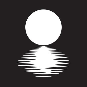 A stark monochrome image featuring a bright white circle reflected in a rippled water surface on black vector