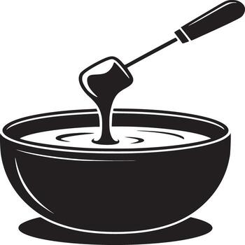 Black and white illustration of a bowl with liquid and a tool dipping into it on a white background vector