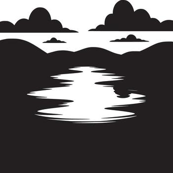 A monochrome landscape featuring a river flowing between hills under a cloudy sky in a simple design vector