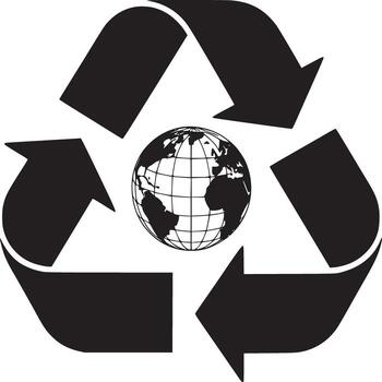 Black recycle symbol with arrows surrounding a globe on a white background in a simple graphic design vector