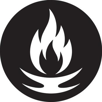 A graphic of a white flame icon inside of a black circle on a white background in simple style vector