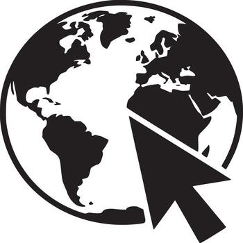 negro y blanco gráfico de un globo con continentes y un cursor señalando a el centrar de el globo vector