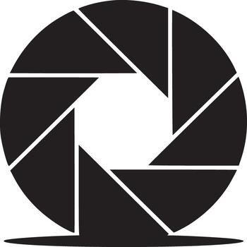A simple black and white image of a camera aperture symbol on a white background with a shadow vector