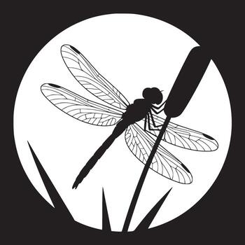 Silhouette of a dragonfly perched on a cattail against a white circle and black background design vector