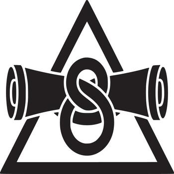 A black and white emblem featuring a triangle, scrolls, and a looped figure eight design element vector