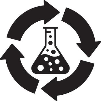 A black and white illustration of a flask with liquid and arrows in a circular recycling pattern vector