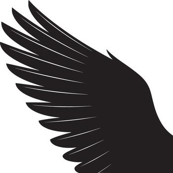 A stark black and white image depicting a wing with feathers extending from the upper right corner vector