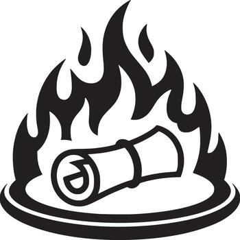 Black and white graphic illustration of a scroll engulfed in flames on a circular platform vector