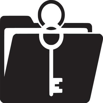 A black and white graphic of a folder with a key hanging over it indicating secure information vector