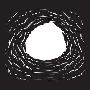Abstract tunnel with white light at the end created with jagged white lines on a black background vector