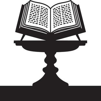 Open book with abstract text on a dark stand silhouette against a white background illustration vector