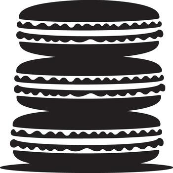 A monochrome silhouette of three stacked macarons against a plain white background in a minimalist style vector