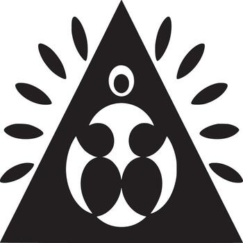 A black and white graphic design featuring a triangle with circles and radiating shapes around it vector