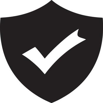 Black shield with a white check mark in the center on a white background in a simple minimalist style vector