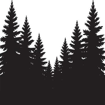 Silhouette of a dense forest with evergreen trees against a plain white background in a simple design vector