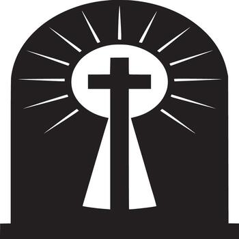 Black and white illustration of a cross with radiating light in an arched frame design element vector
