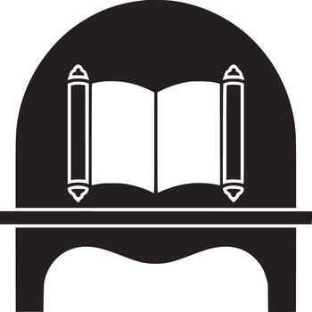 Illustration of an open book with scrolls on a table against a black arch background in black and white vector