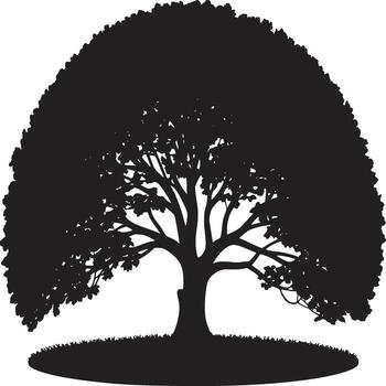 un silueta de un árbol con un redondeado pabellón y césped a el base en un blanco antecedentes Arte vector