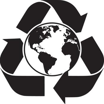 Black and white graphic of a recycling symbol with a globe in the center on a white background vector