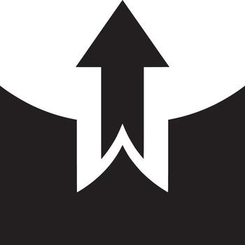 A graphic of a black arrow pointing upward with a white background and black curved shapes below it vector