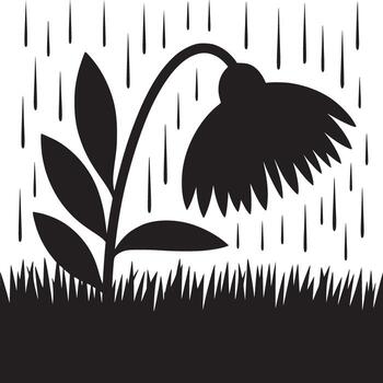 Black and white illustration of a flower in the rain with grass and leaves in a simple design vector