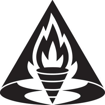 A black and white graphic illustration of a torch with flames inside a triangular shape design vector