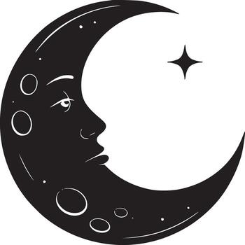 A black crescent moon with a face and star on a white background in a minimalist illustration vector