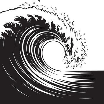 A monochrome illustration of a large wave with splashes and linear details in black and white art vector