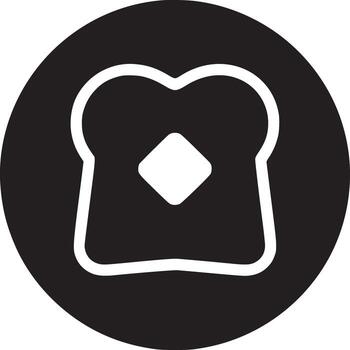 A black circle with a white outline of a piece of bread with a square in the center of the bread vector