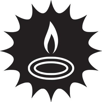A simple black and white graphic of a candle flame with a jagged edged circular background shape vector