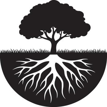 A black and white illustration of a tree with roots extending into a semi circular shape below it vector