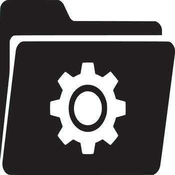 A black and white illustration of a folder icon with a gear in the middle of the folder icon vector