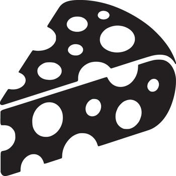A black and white graphic of a cheese wedge with holes on a plain background in a simple illustration vector