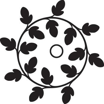 un circular diseño con hojas y un central circulo en un blanco antecedentes en negro y blanco estilo vector
