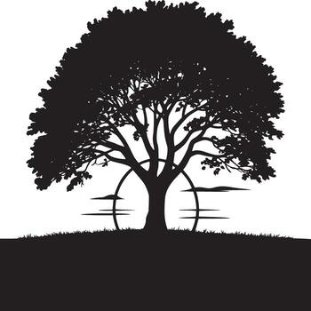 A silhouette of a large tree with a full canopy and a circular design behind it on a white background vector