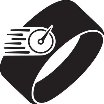 A black and white graphic of a fitness tracker with a speedometer icon indicating speed and motion vector