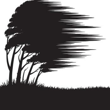 silueta de arboles doblar en pesado viento en un blanco antecedentes con césped en el primer plano vector