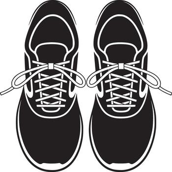 A top down view of two black and white running shoes with laces tied on a white background illustration vector
