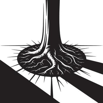 Monochrome illustration of a tree trunk with roots and sharp spikes in a graphic design style vector