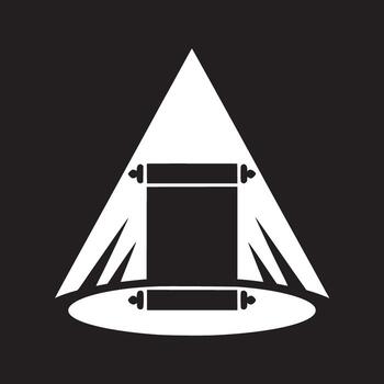 A black and white graphic of a scroll under a triangular light source on a black background design vector