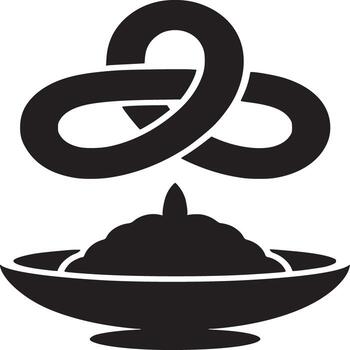 A black and white graphic of a bowl of food with a knot symbol floating above it on white background vector