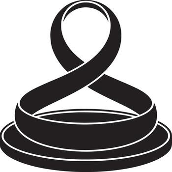 A black ribbon forming a loop on a circular base against a white background in a minimalist style vector