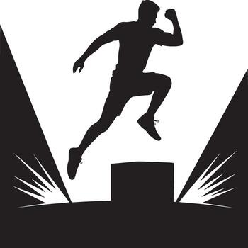 Silhouette of a man jumping over a box in a black and white image with abstract light design elements vector